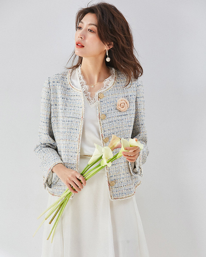 DEER.W 小香風粉嫩配色粗呢外套 淺藍