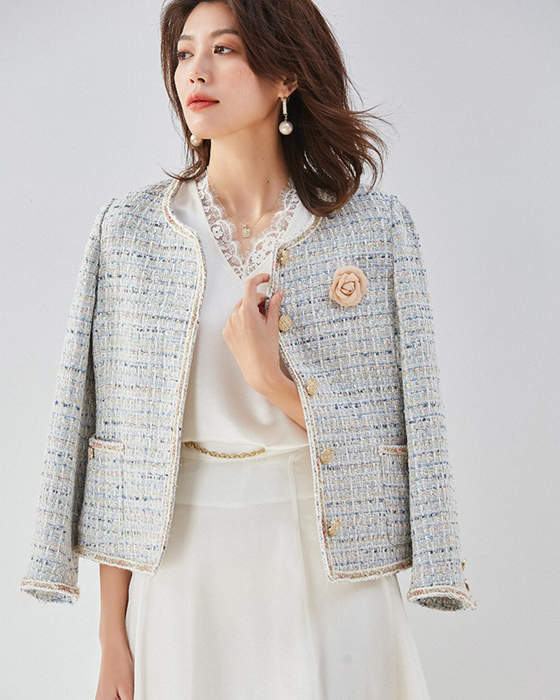 DEER.W 小香風粉嫩配色粗呢外套 淺藍