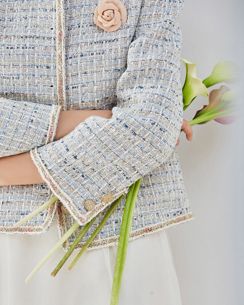 DEER.W 小香風粉嫩配色粗呢外套 淺藍