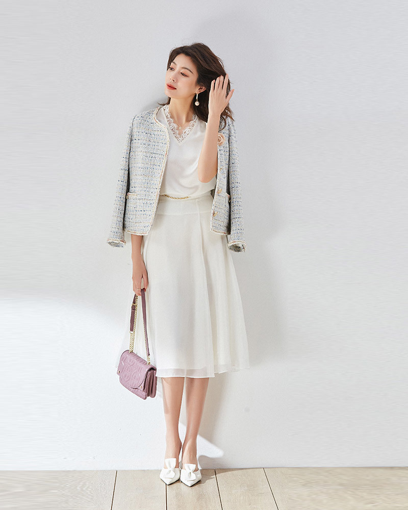 DEER.W 小香風粉嫩配色粗呢外套 淺藍