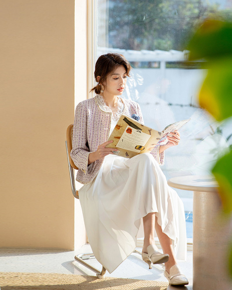 DEER.W 小香風粉嫩配色粗呢外套 淺紫