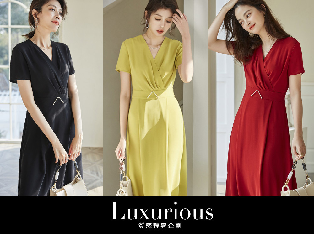 DEER.W 交叉V領壓褶鑽飾洋裝