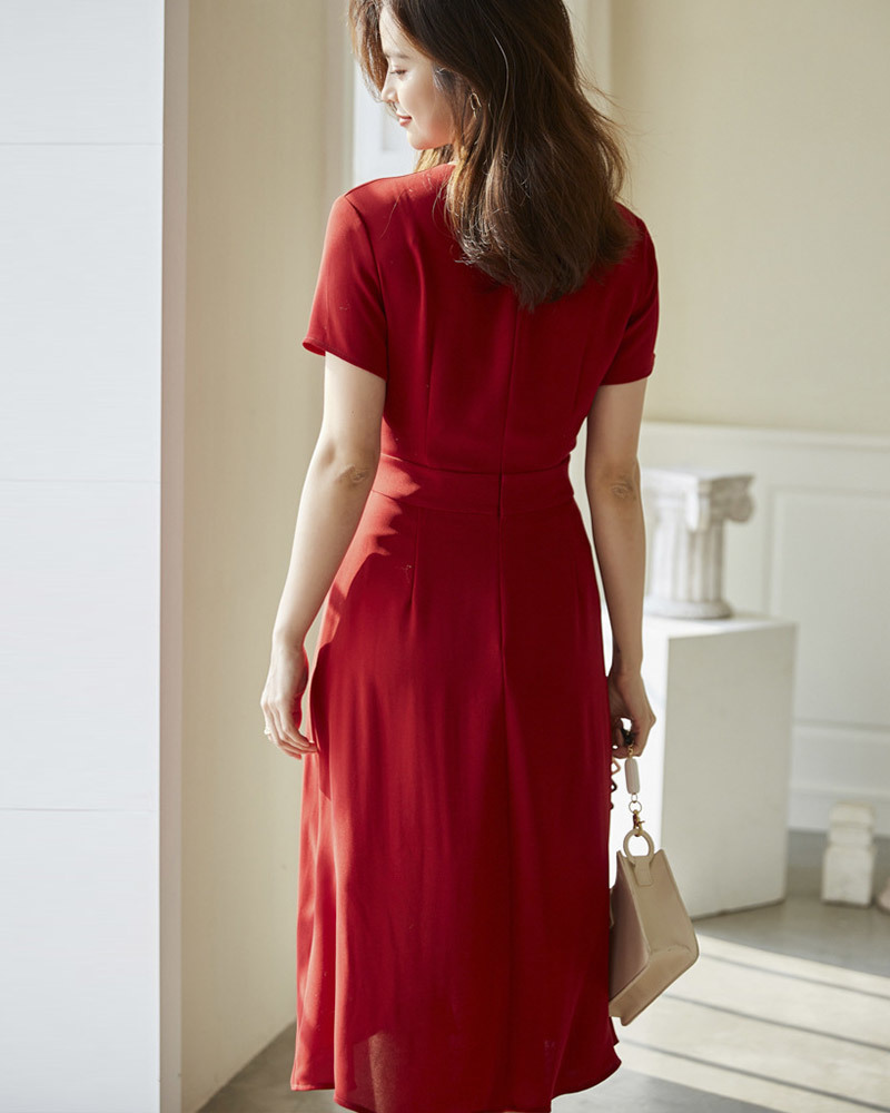 DEER.W 交叉V領壓褶鑽飾洋裝 紅色