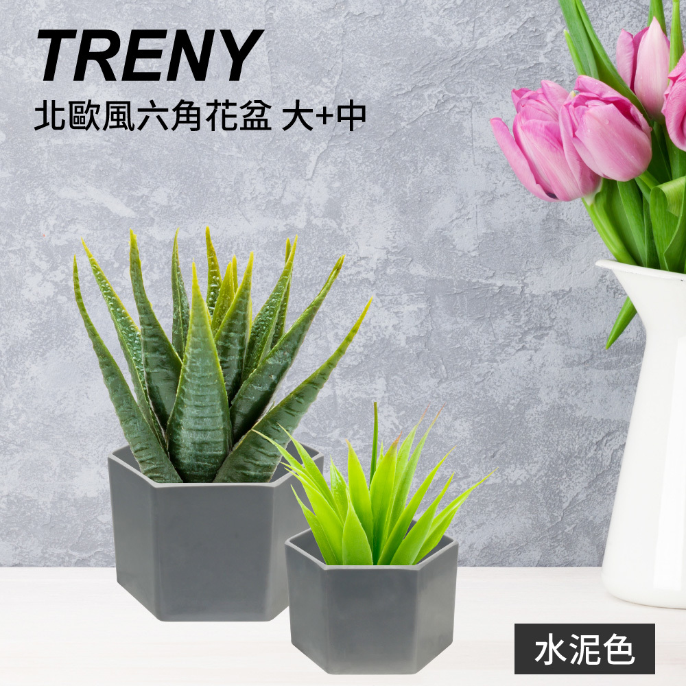 北歐風六角花盆-大+中 - 水泥色
