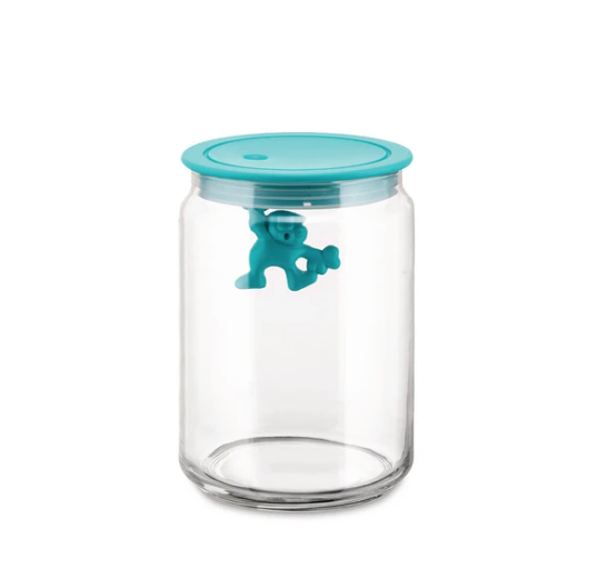 ALESSI GIANNI A LITTLE MAN HOLDING ON TIGHT GLASS JAR - LIGHT BLUE