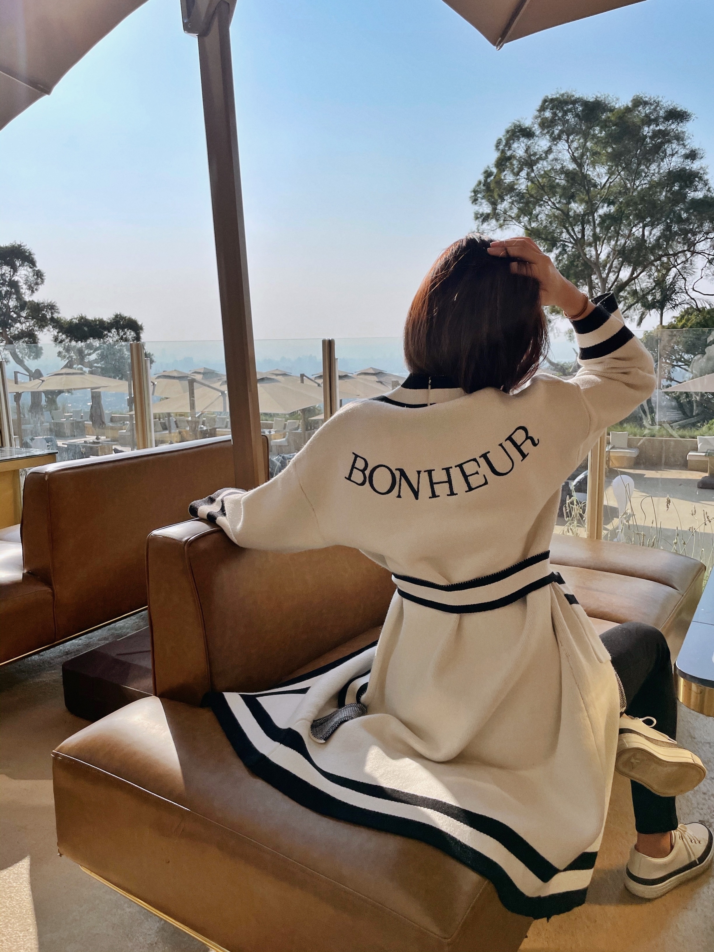 BONHEUR 黑白針織外套附腰帶