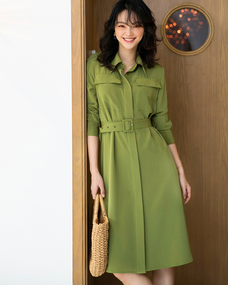 翻領腰帶襯衫長洋裝 三色