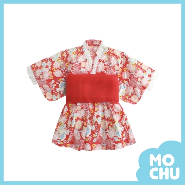 和風紅花綁帶浴衣