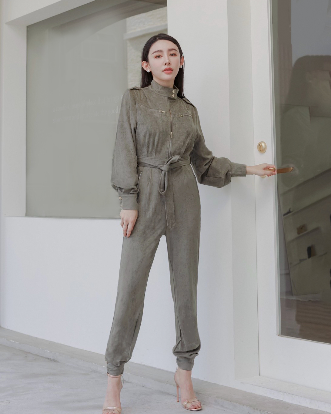 ⭒訂製-個性立領麂皮工作連身褲