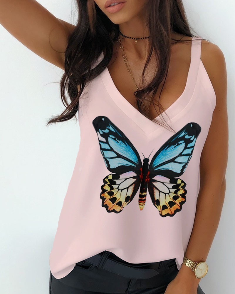 Summer butterfly print V-neck top loose vest