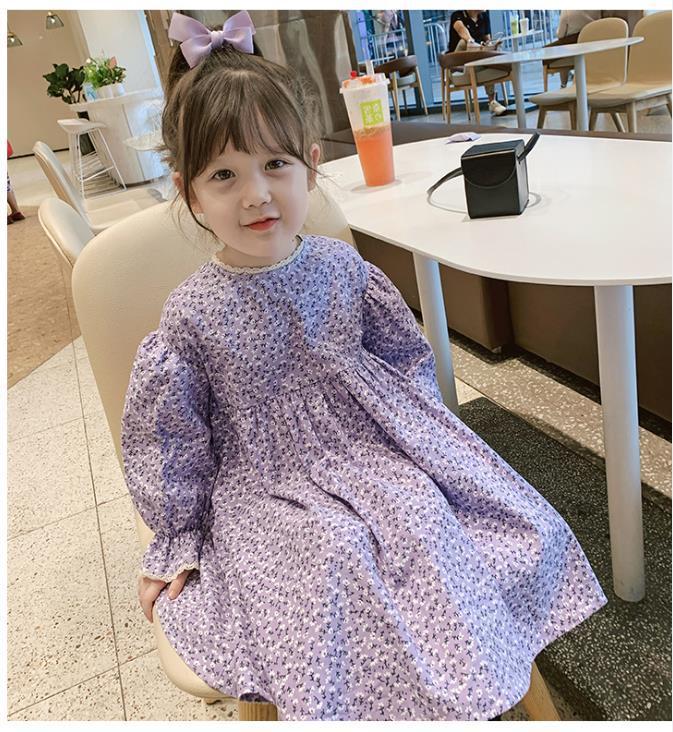 夢幻紫碎花喇叭袖洋裝+蕾絲圍裙