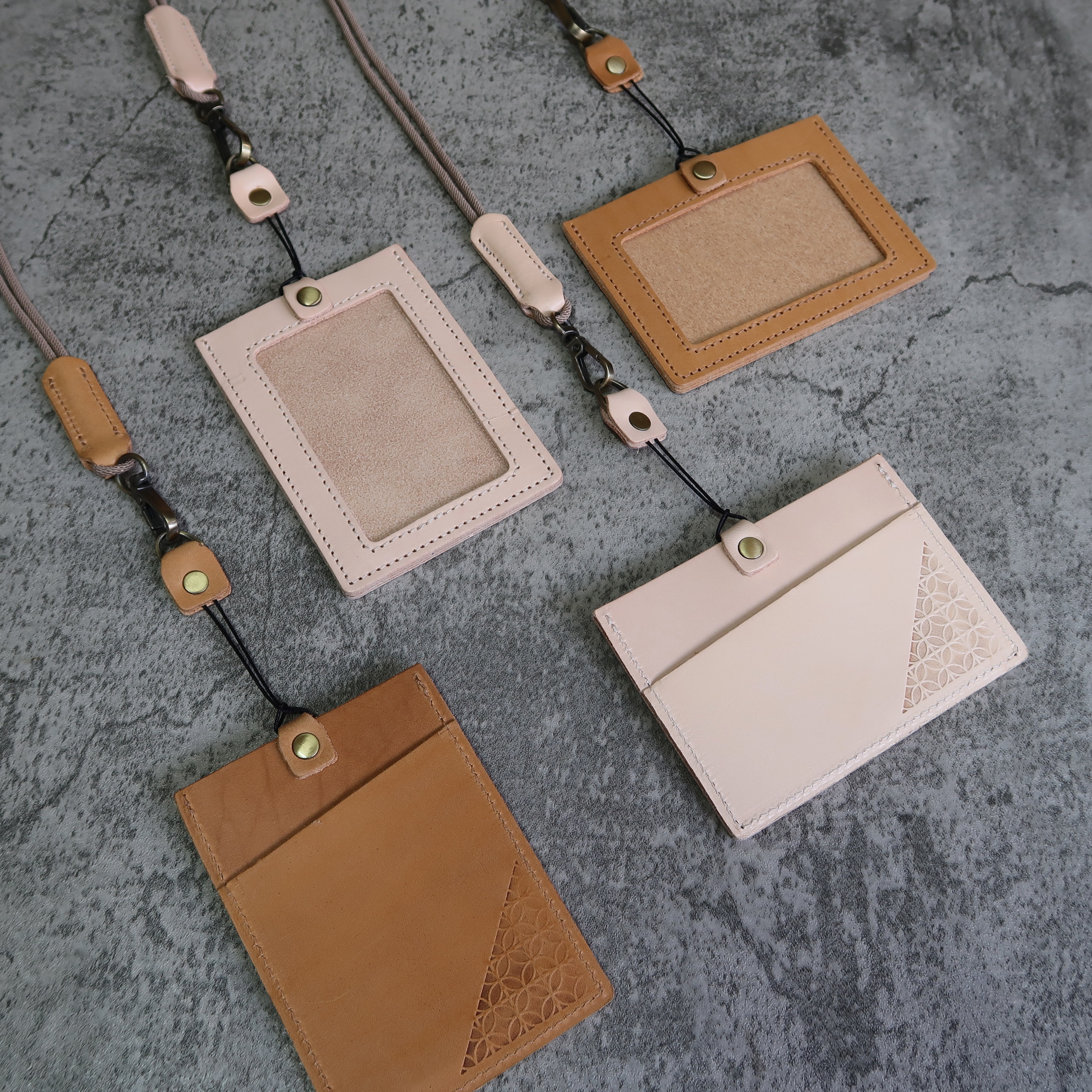 【幾何窗格】澀仔皮真皮識別證套橫式、直式含可拆式兩截式掛繩