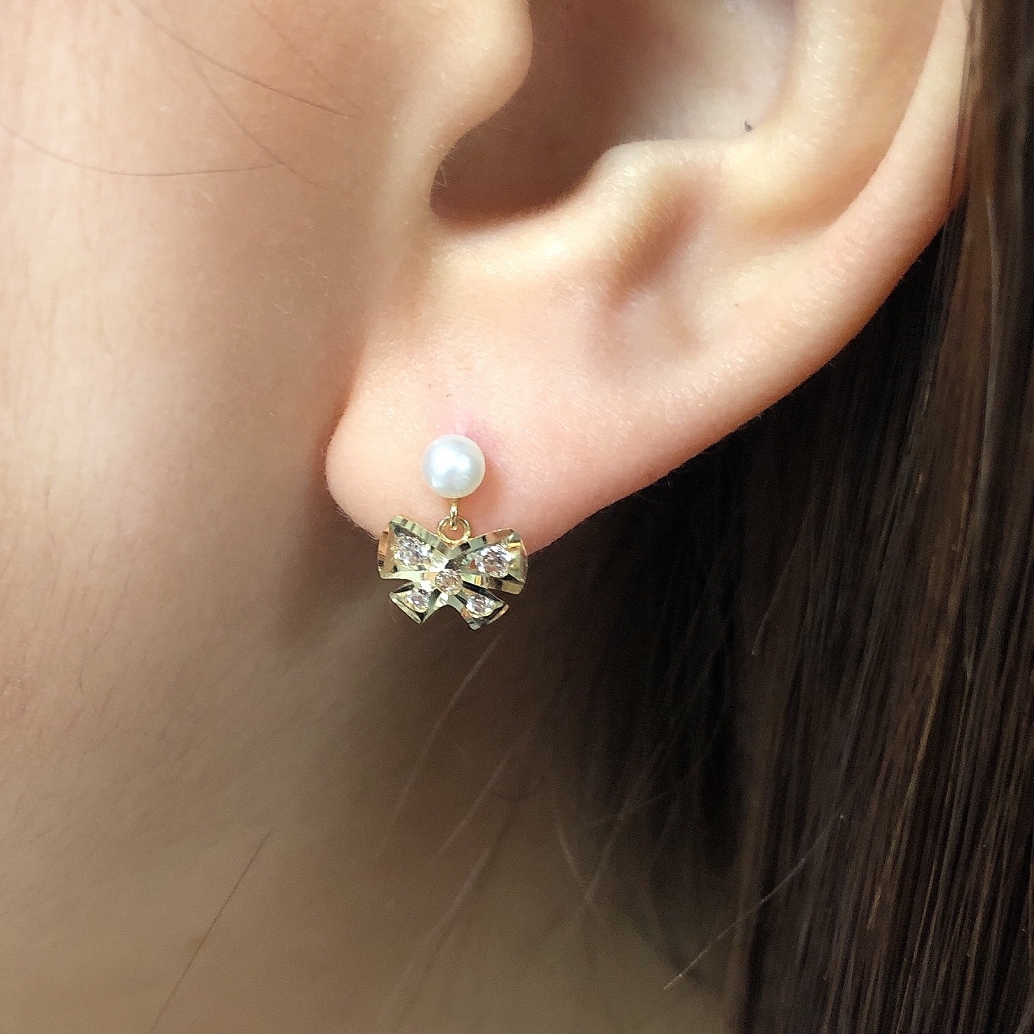 10K/蝴蝶結珍珠耳釘