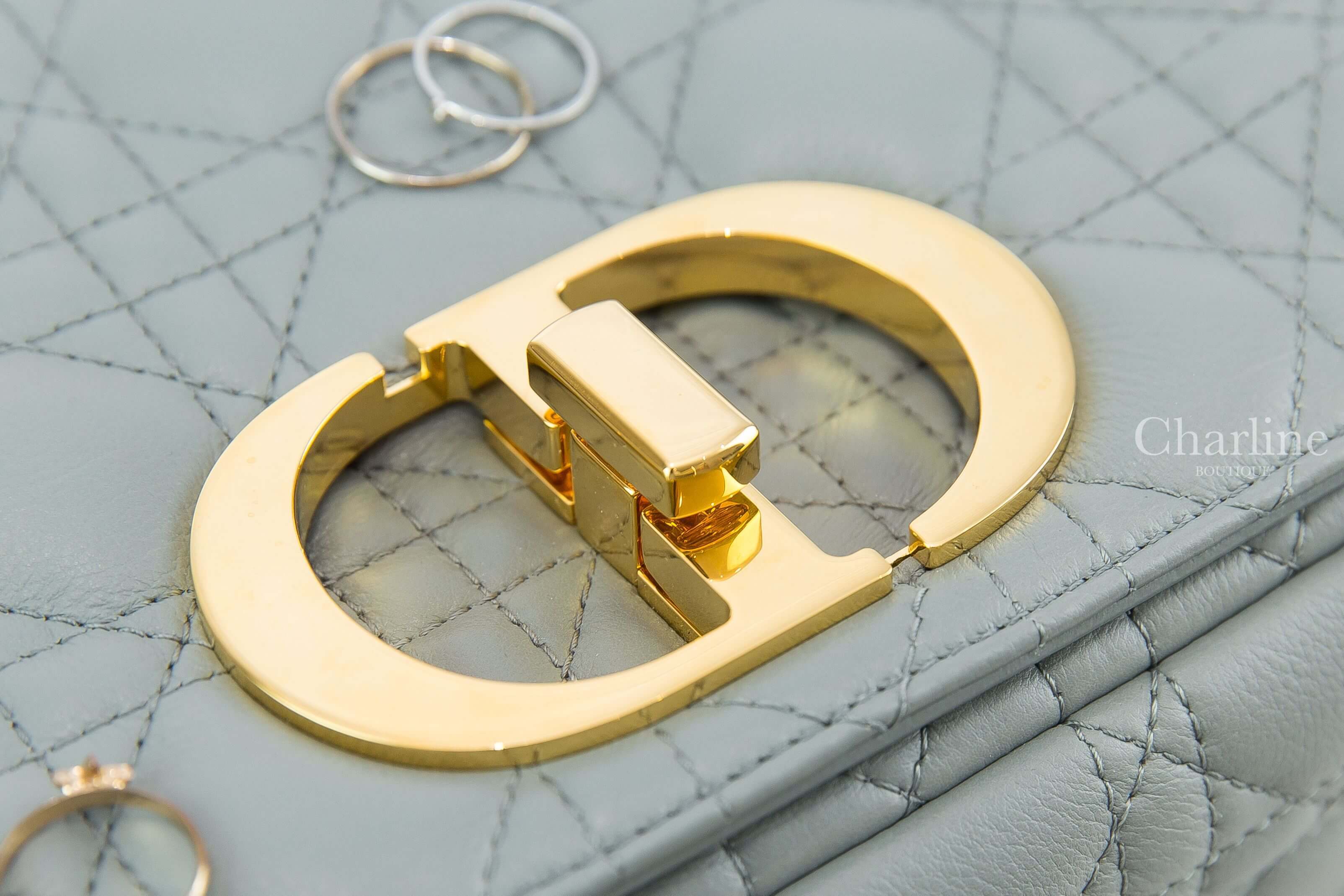 Dior Large Dior Caro Bag 灰色金釦CD鍊帶大型小牛皮藤格紋肩背包
