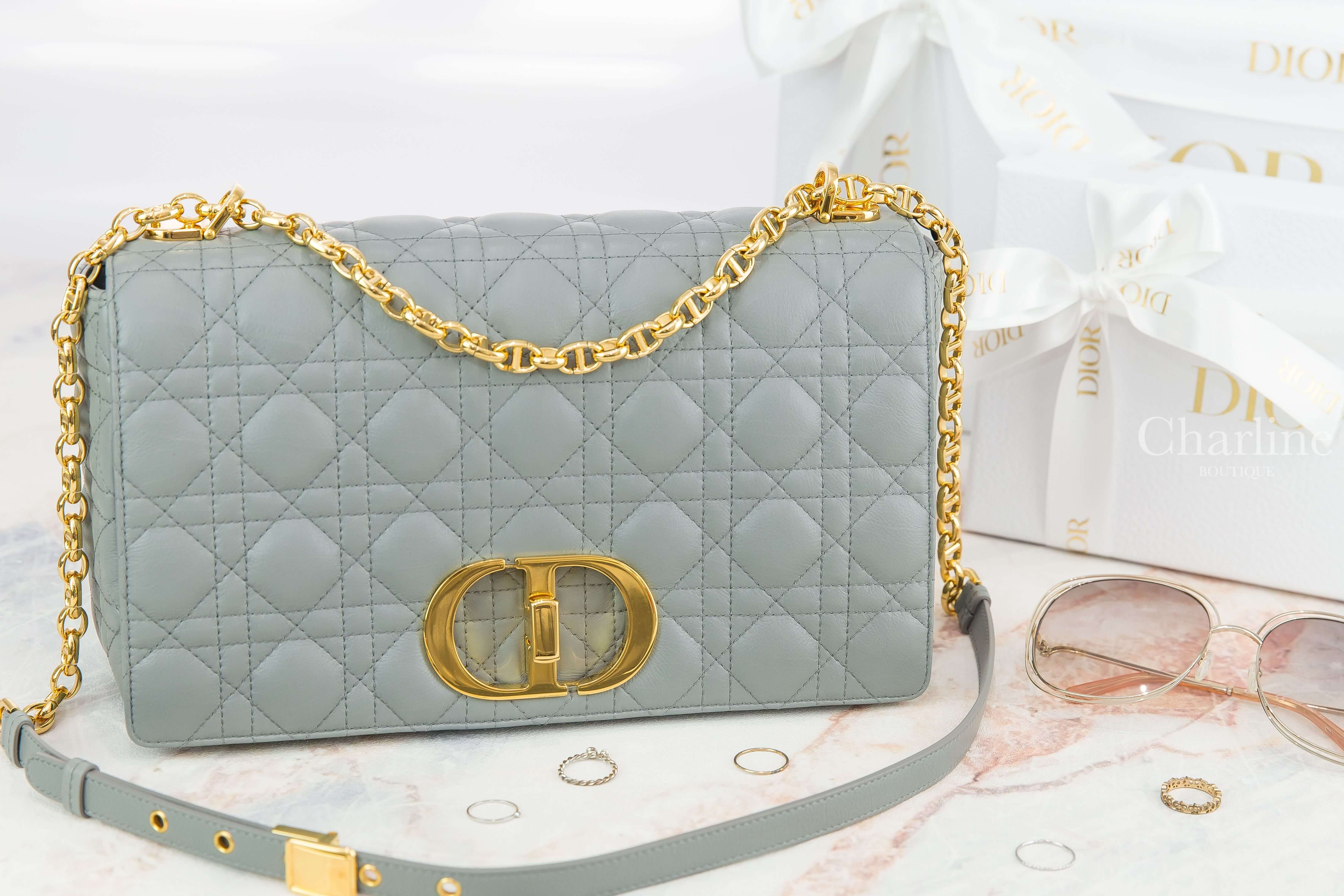 Dior Large Dior Caro Bag 灰色金釦CD鍊帶大型小牛皮藤格紋肩背包