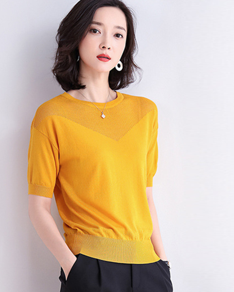 白M/薑黃M【零碼出清不退換】圓領拼V型鏤空針織上衣