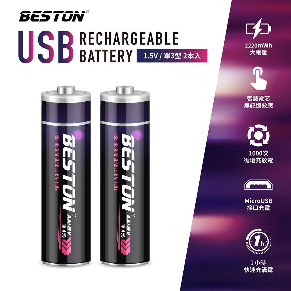 Beston 3號AA 1.5V USB充電式超級電容電池-2入(2AM-60)