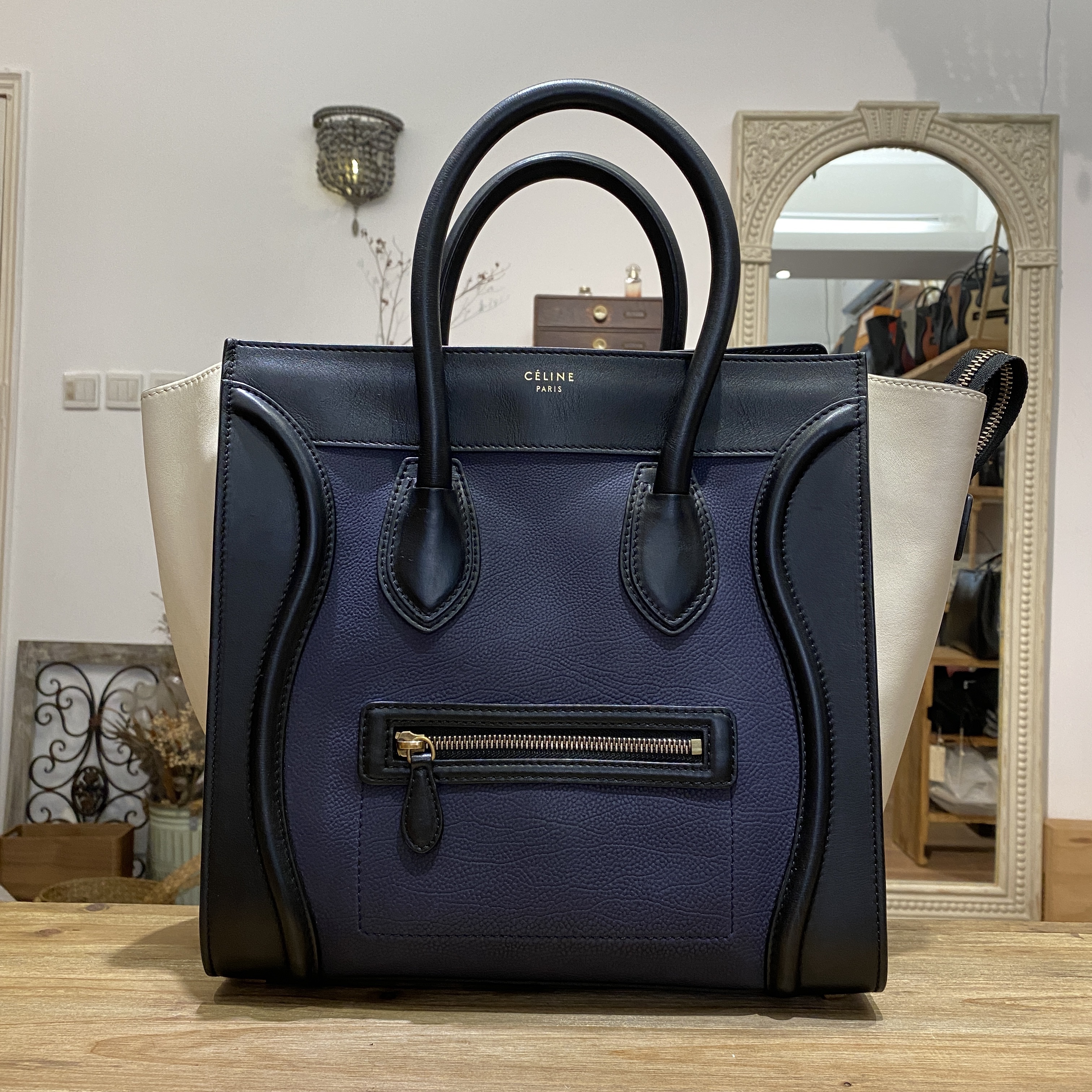 celine mini luggage blue/white