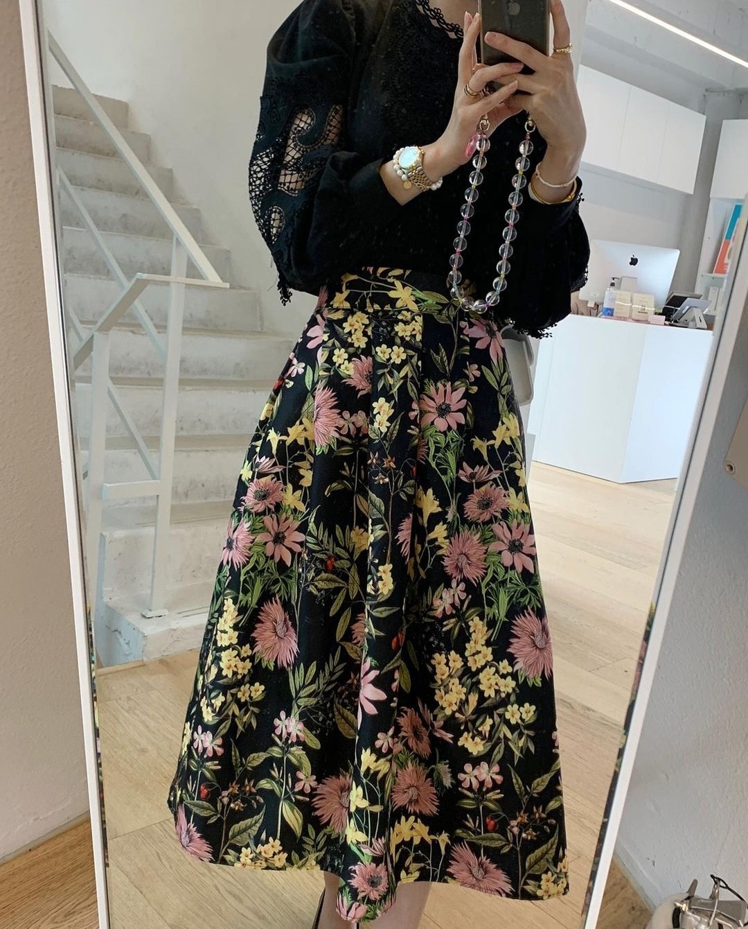 水絨蕾絲上衣+花卉印花裙 (可單買)