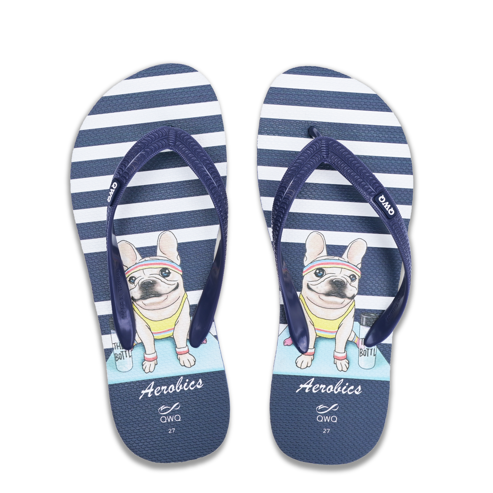 Aerobics 藍色 插圖男款夾腳拖鞋 文創繪圖可愛法鬥風格款