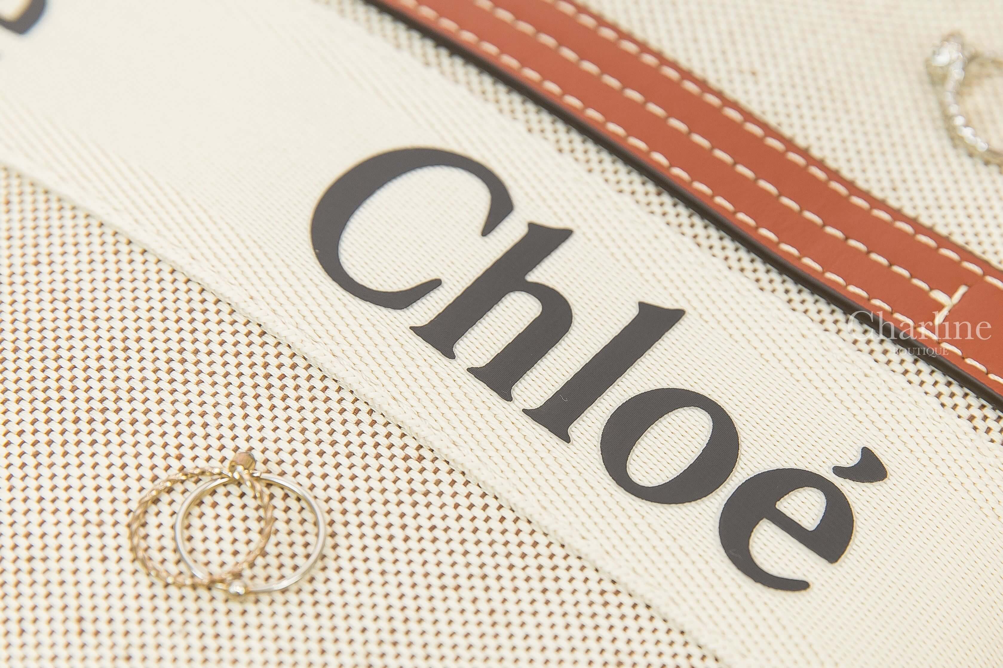 Chloe Medium Woody Tote Bag 米白色帆布拼棕色皮革黑Logo中型提把托特包