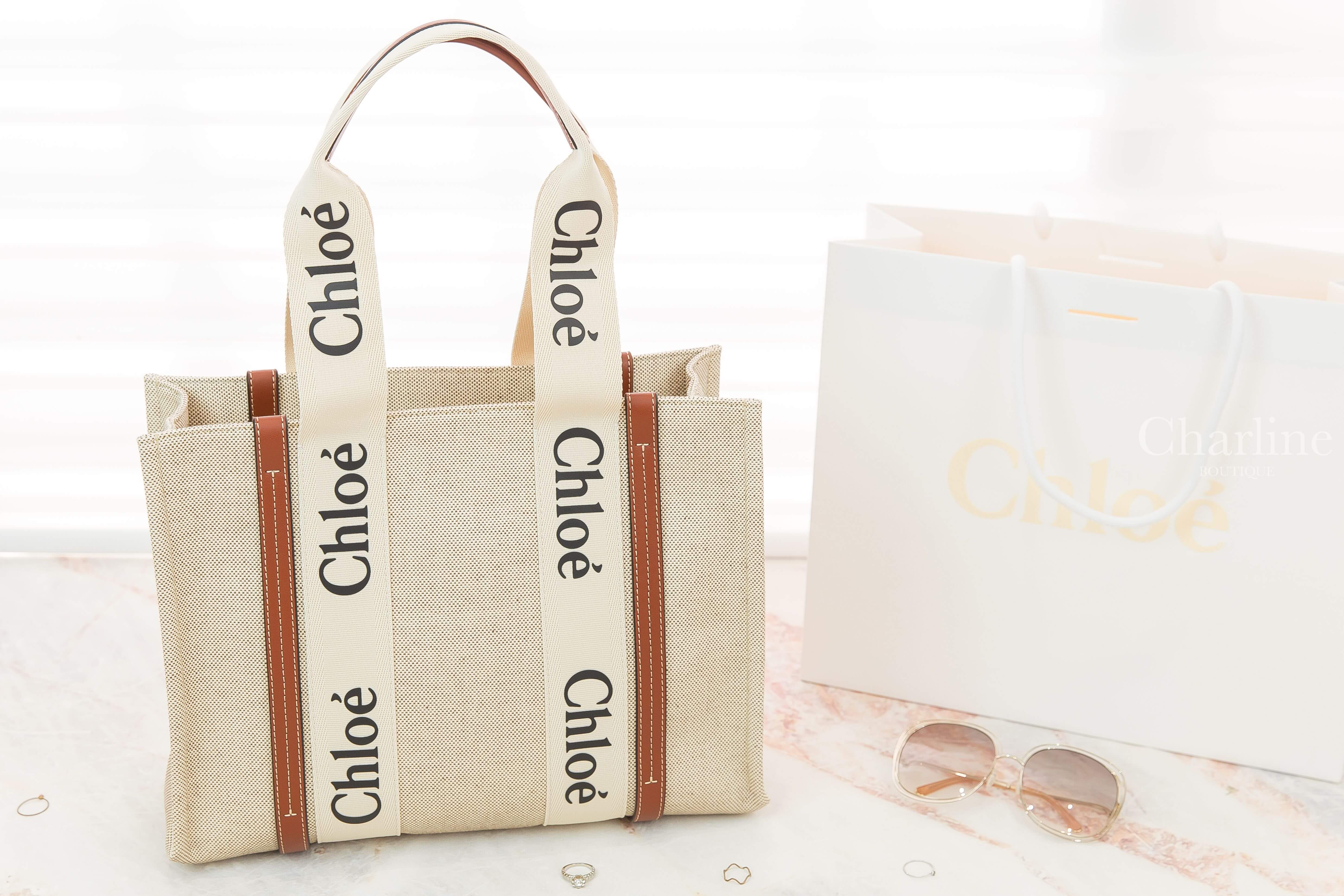 Chloe Medium Woody Tote Bag 米白色帆布拼棕色皮革黑Logo中型提把托特包