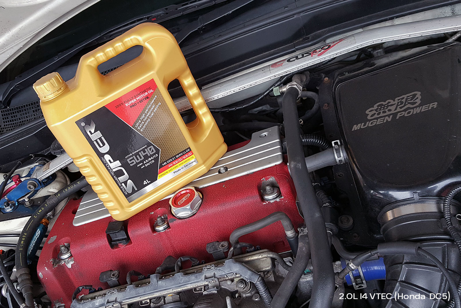 mugen honda dc5 k20a engine bay super ester plus 5w40 motor oil