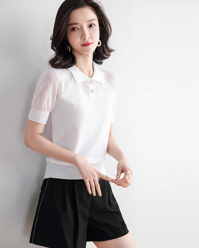 白S/白XL【零碼出清不退換】POLO翻領鏤空針織上衣