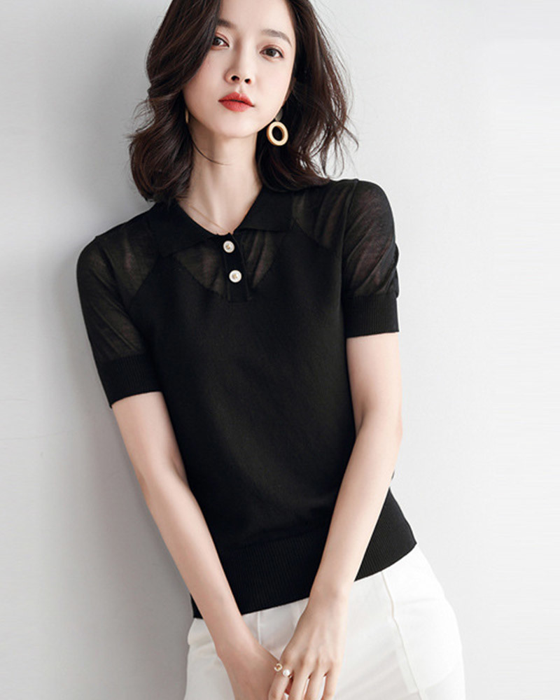 白S/白XL【零碼出清不退換】POLO翻領鏤空針織上衣