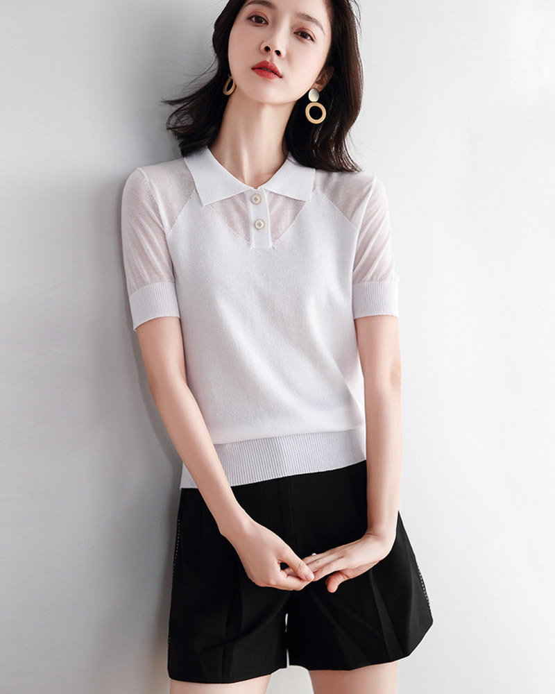 DEER.W POLO翻領鏤空針織上衣 白色