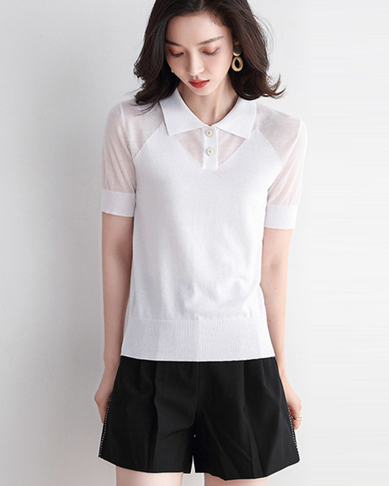 DEER.W POLO翻領鏤空針織上衣 白色