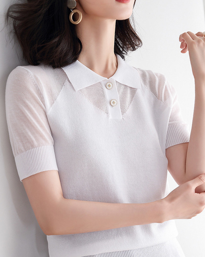 DEER.W POLO翻領鏤空針織上衣 白色