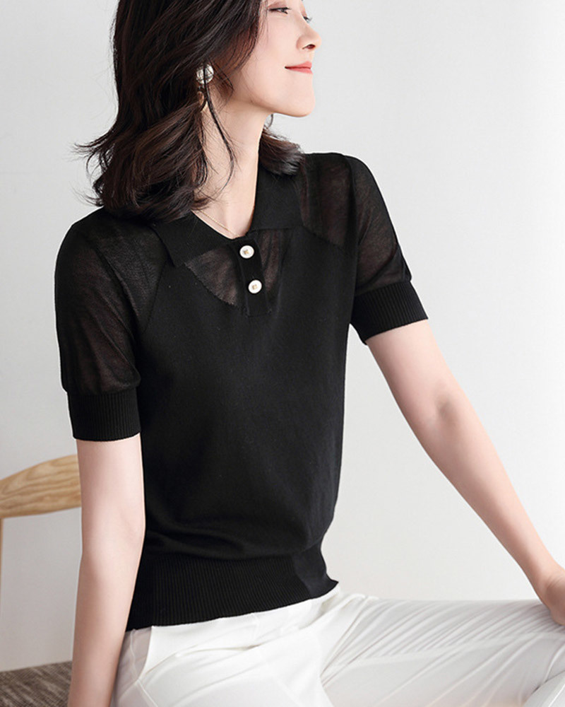 DEER.W POLO翻領鏤空針織上衣 黑色