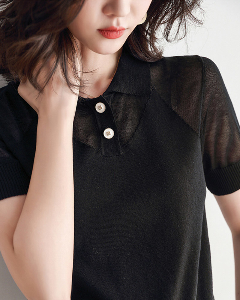 DEER.W POLO翻領鏤空針織上衣 黑色