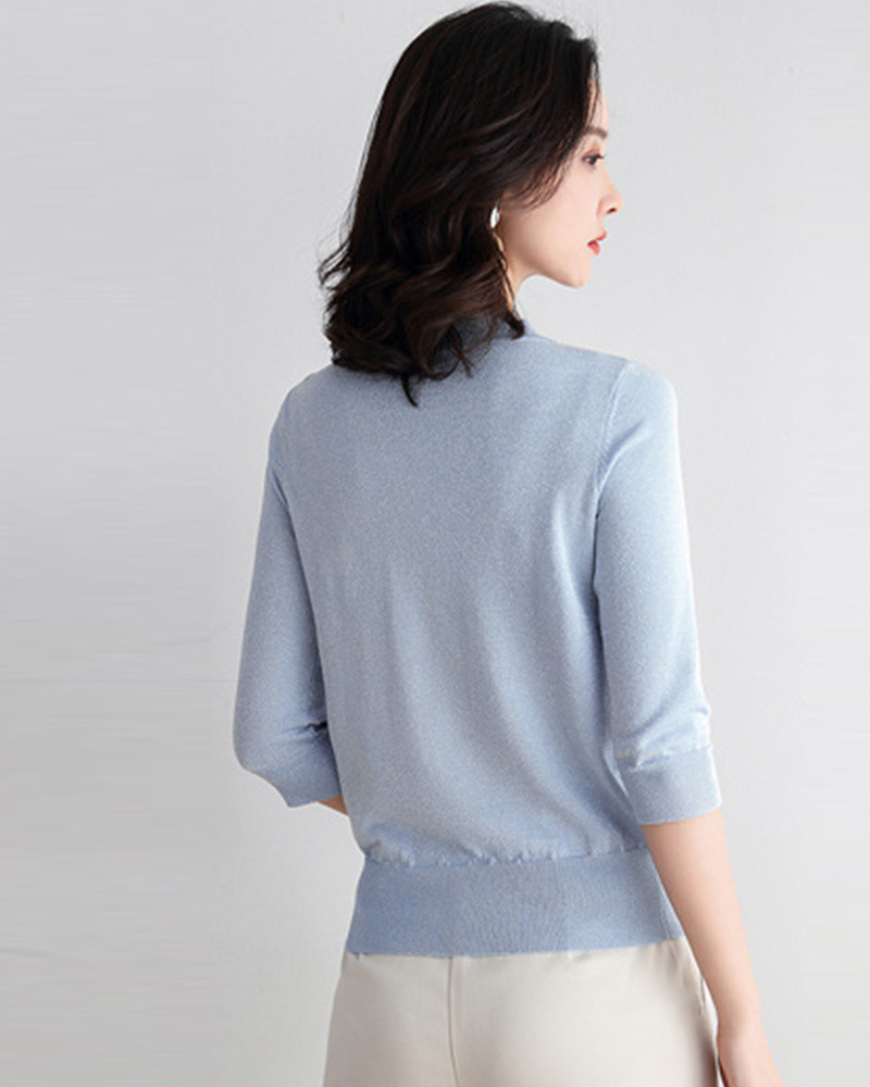 DEER.W綁帶金絲五分袖針織上衣 藍色