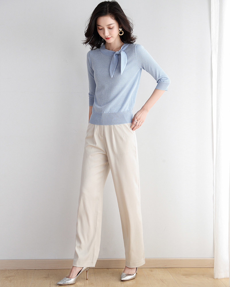 DEER.W綁帶金絲五分袖針織上衣 藍色