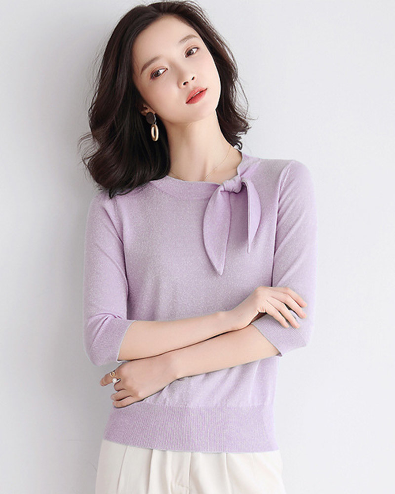 DEER.W綁帶金絲五分袖針織上衣 紫色