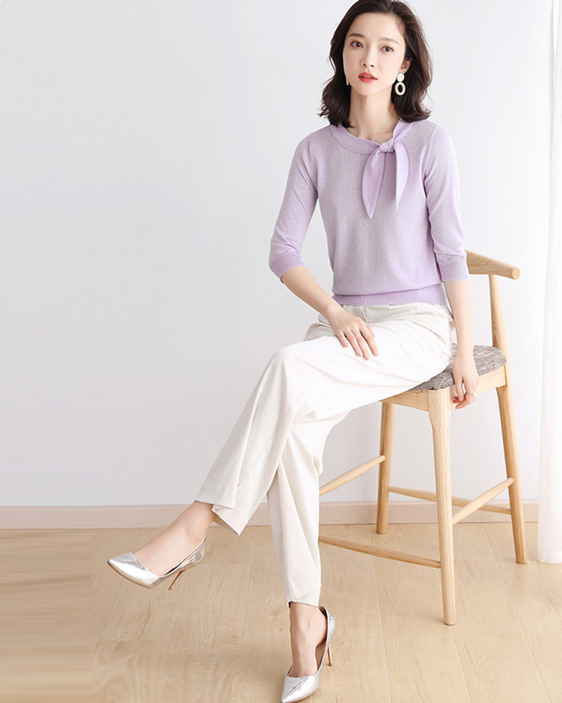 DEER.W綁帶金絲五分袖針織上衣 紫色