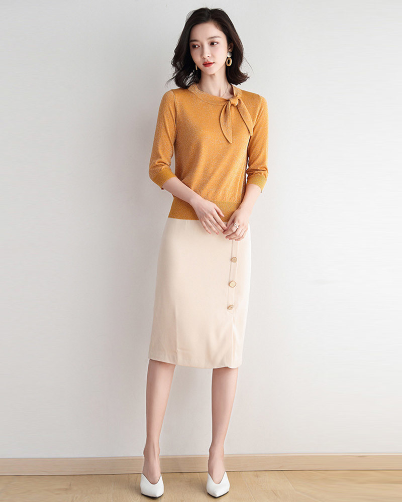 DEER.W綁帶金絲五分袖針織上衣 橙色