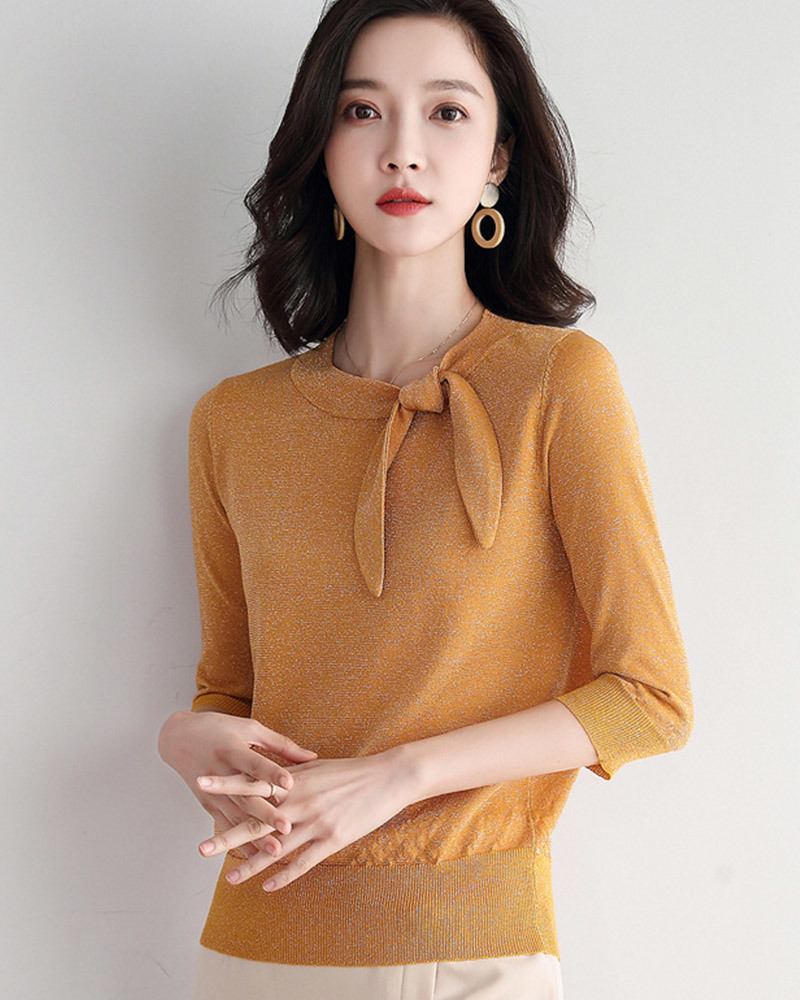 DEER.W綁帶金絲五分袖針織上衣 橙色
