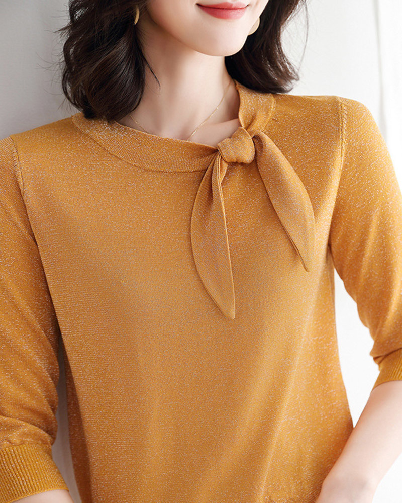 DEER.W綁帶金絲五分袖針織上衣 橙色