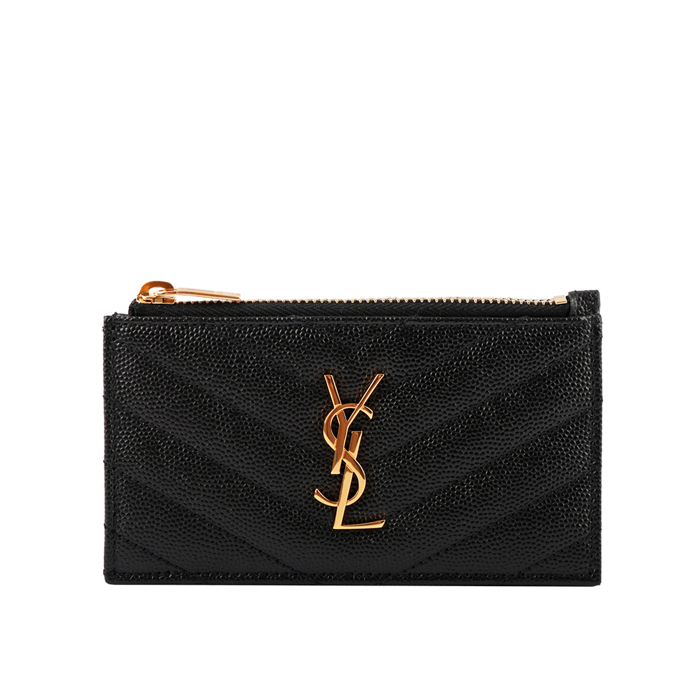 【Yves Saint Laurent】山形紋荔枝皮金字Logo拉鍊卡片/零錢夾(黑色)
