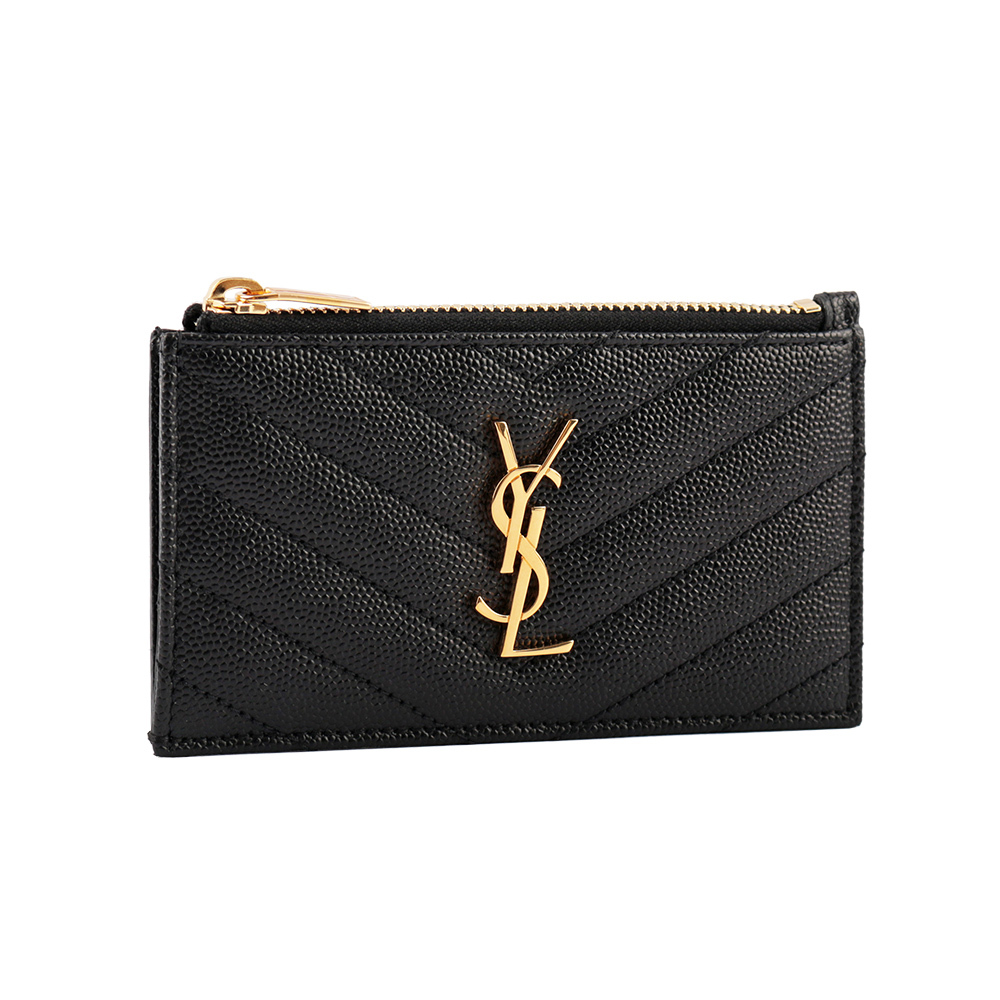 【Yves Saint Laurent】山形紋荔枝皮金字Logo拉鍊卡片/零錢夾(黑色)