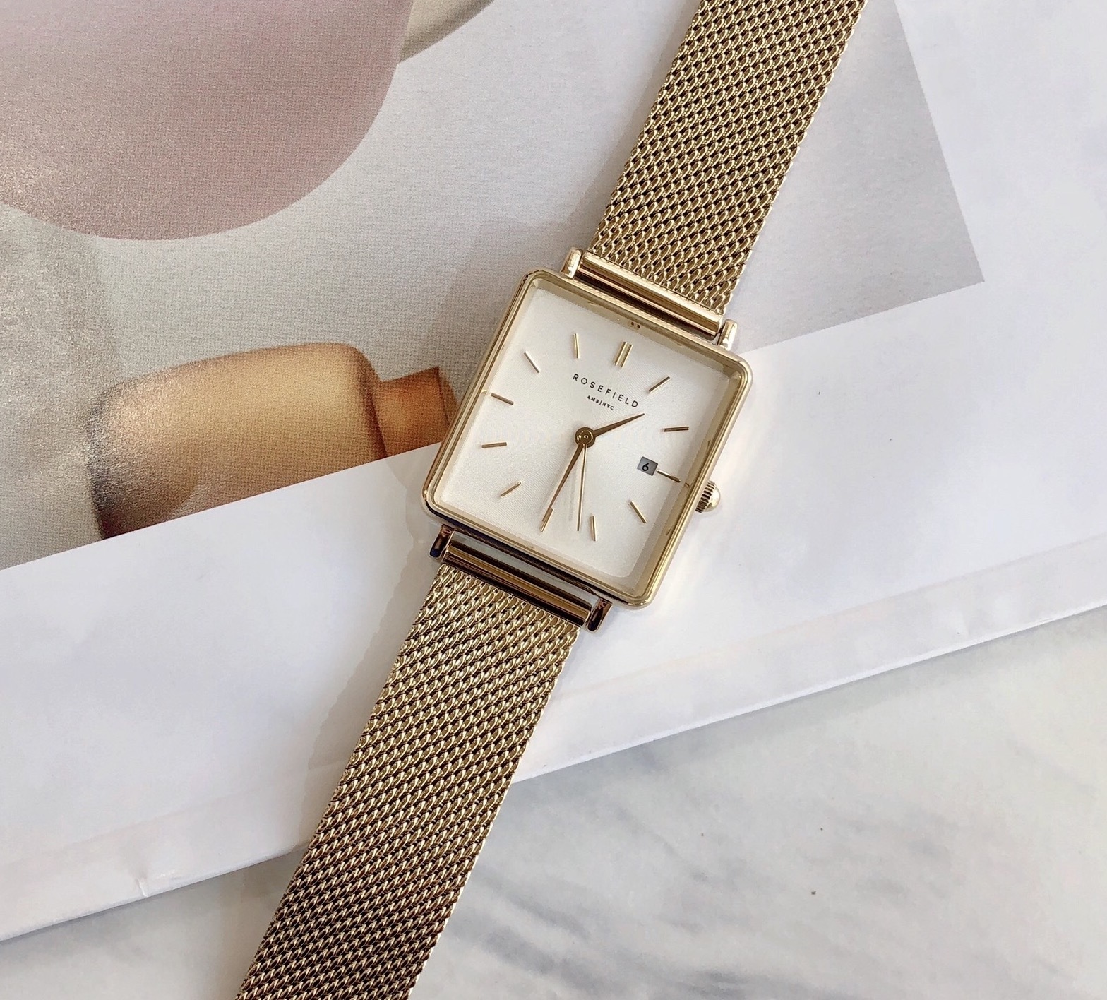 【ROSEFIELD】方殼銀面玫瑰金色米蘭鐵帶腕錶 QWSG-Q03  27mm 現代鐘錶