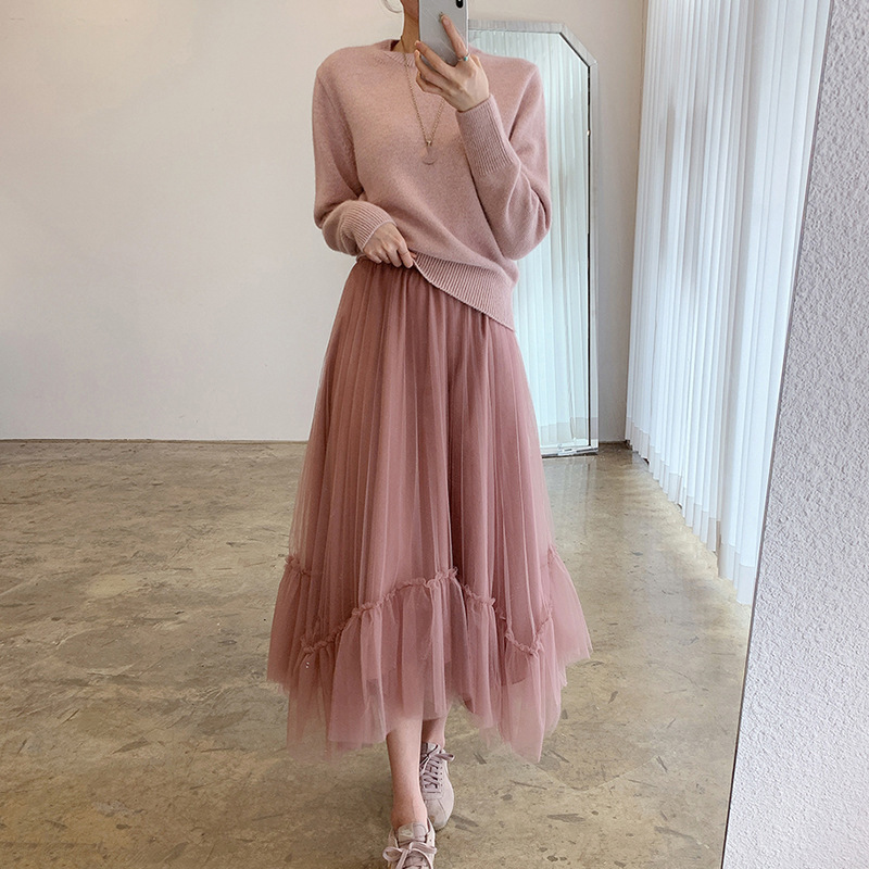 仙女壓褶網紗裙(皮粉/黑)