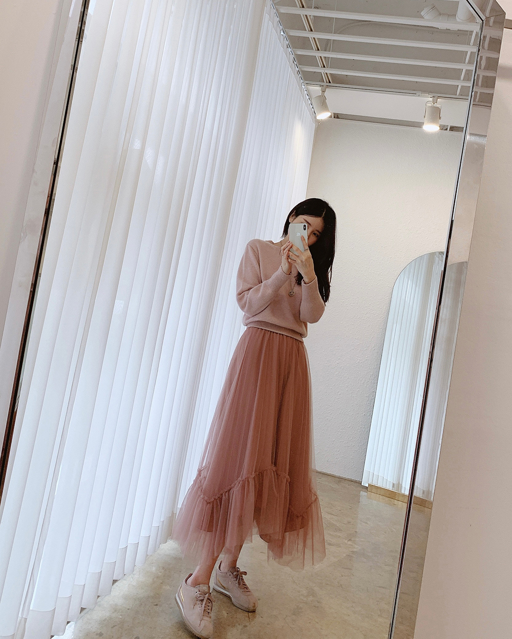 仙女壓褶網紗裙(皮粉/黑)