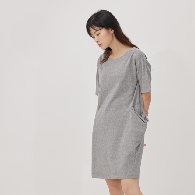 法國小毛圈寬口袋及膝洋裝/中灰