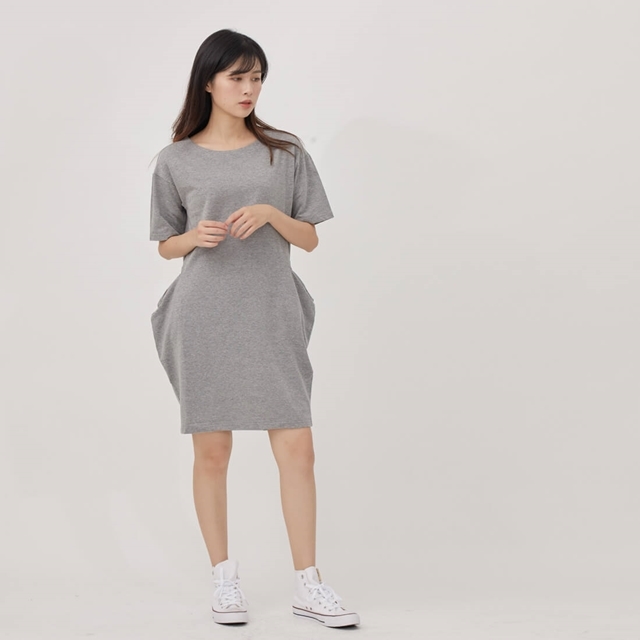 法國小毛圈寬口袋及膝洋裝/中灰