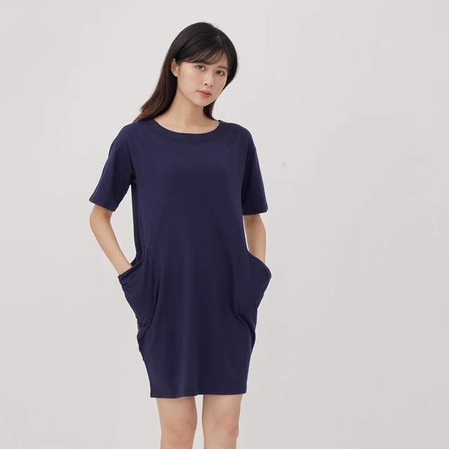 法國小毛圈寬口袋及膝洋裝/深藍