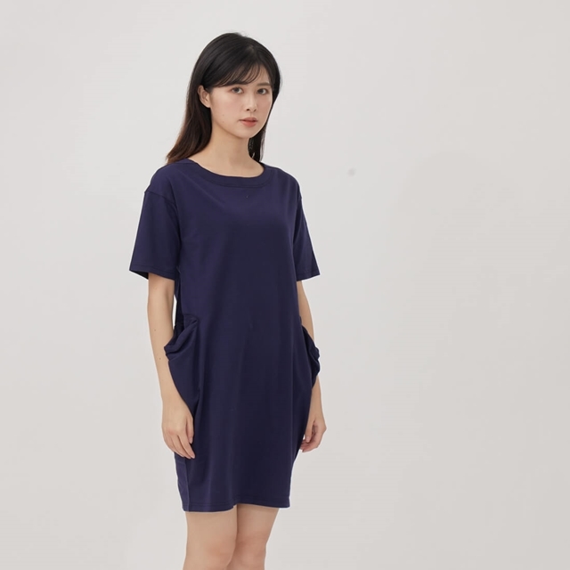 法國小毛圈寬口袋及膝洋裝/深藍